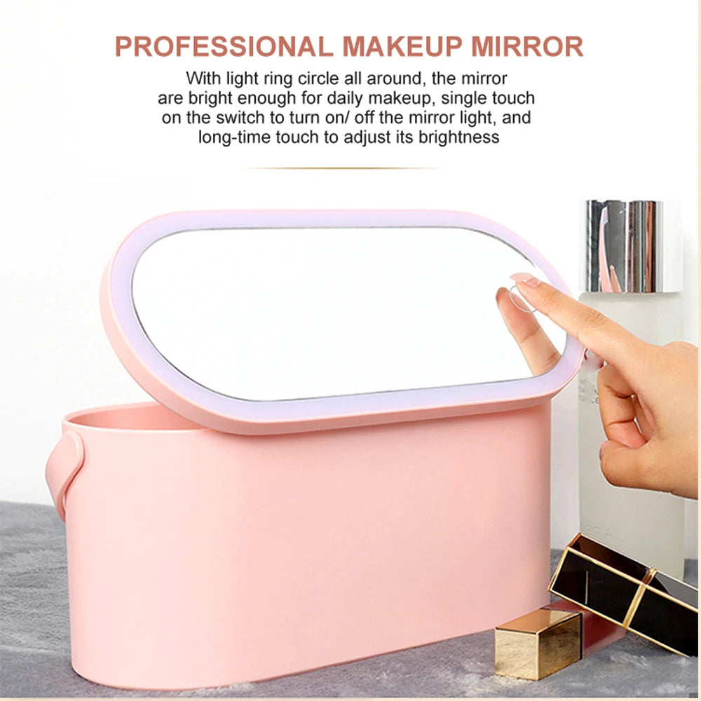 Makeup Case With Mirror And Light, Portable Makeup Organizer With Adjustable Led Lights &amp; Mirror Lid, Cosmetic Organizer Storage